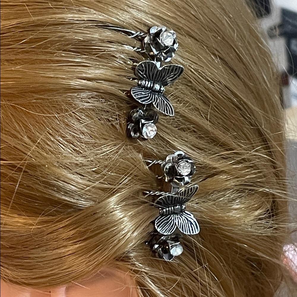 Vintage Silver tone and gunmetal Butterfly Hair Combs with Rhinestones 1.5”L - Picture 7 of 10